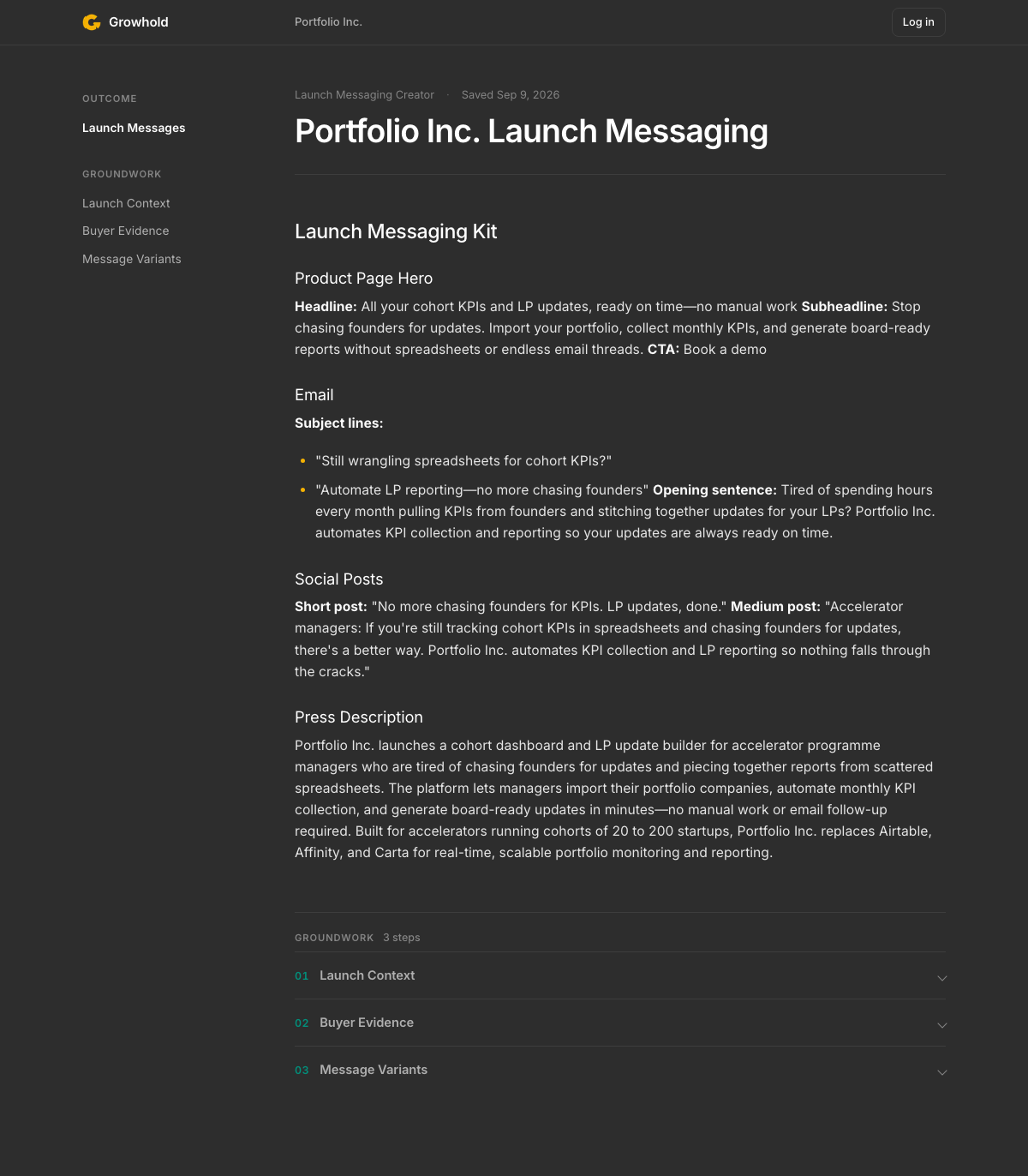 Launch Messaging Creator: Sample outcome